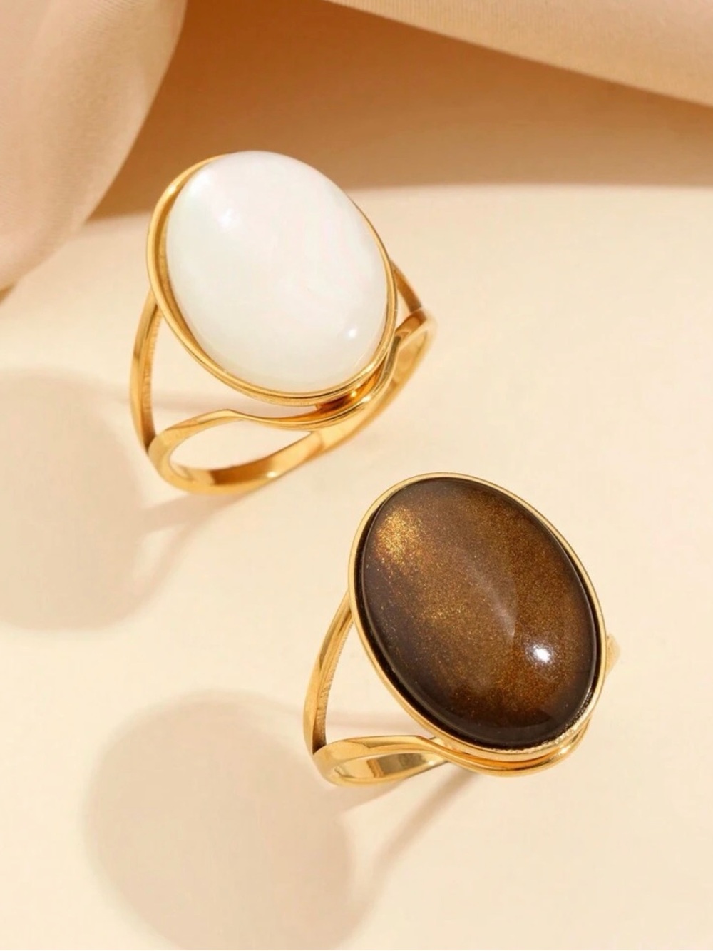 Gold Oval Stone Ring - White and Brown Options